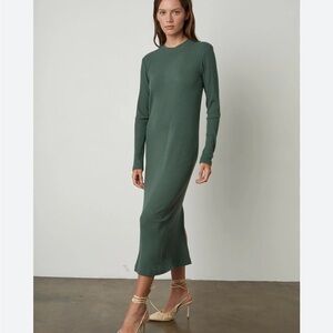 Velvet by Graham & Spencer Green Ribbed Knit Long Sleeve Crew Neck Midi Dress M
